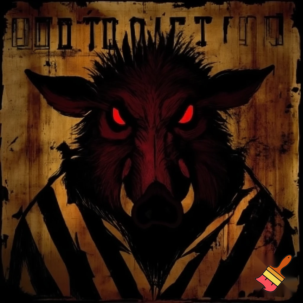 create a evil wanted poster with an image of a mugshot of a wild pig wearing prisoner clothes with red eyes.



