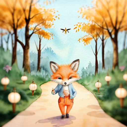 Children’s book watercolor illustration, soft pastel palette, warm magical forest atmosphere.

Andy, a small cute fox cub with bright orange fur, cream belly, fluffy oversized tail and big amber expressive eyes, stands in the Forest of Colors while the animals prepare for the traditional Glowing Path ceremony.

Around him, rabbits, hedgehogs, birds and squirrels decorate a winding forest path with tiny lanterns and flowers. Fireflies begin to gather above the path like floating stars. The trees are tall and colorful, with warm light filtering through the leaves.

Andy looks excited and curious, ears lifted and tail gently swaying.

Style: soft watercolor children’s book illustration, dreamy lighting, cozy magical forest, gentle details, storybook style, soft edges.

Use the reference image of Andy the fox to keep the same character design.