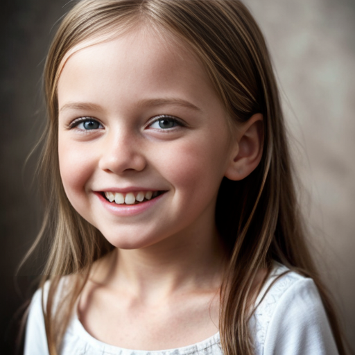 Swedish little girl, at age 5, brunette, straight hair, smiling