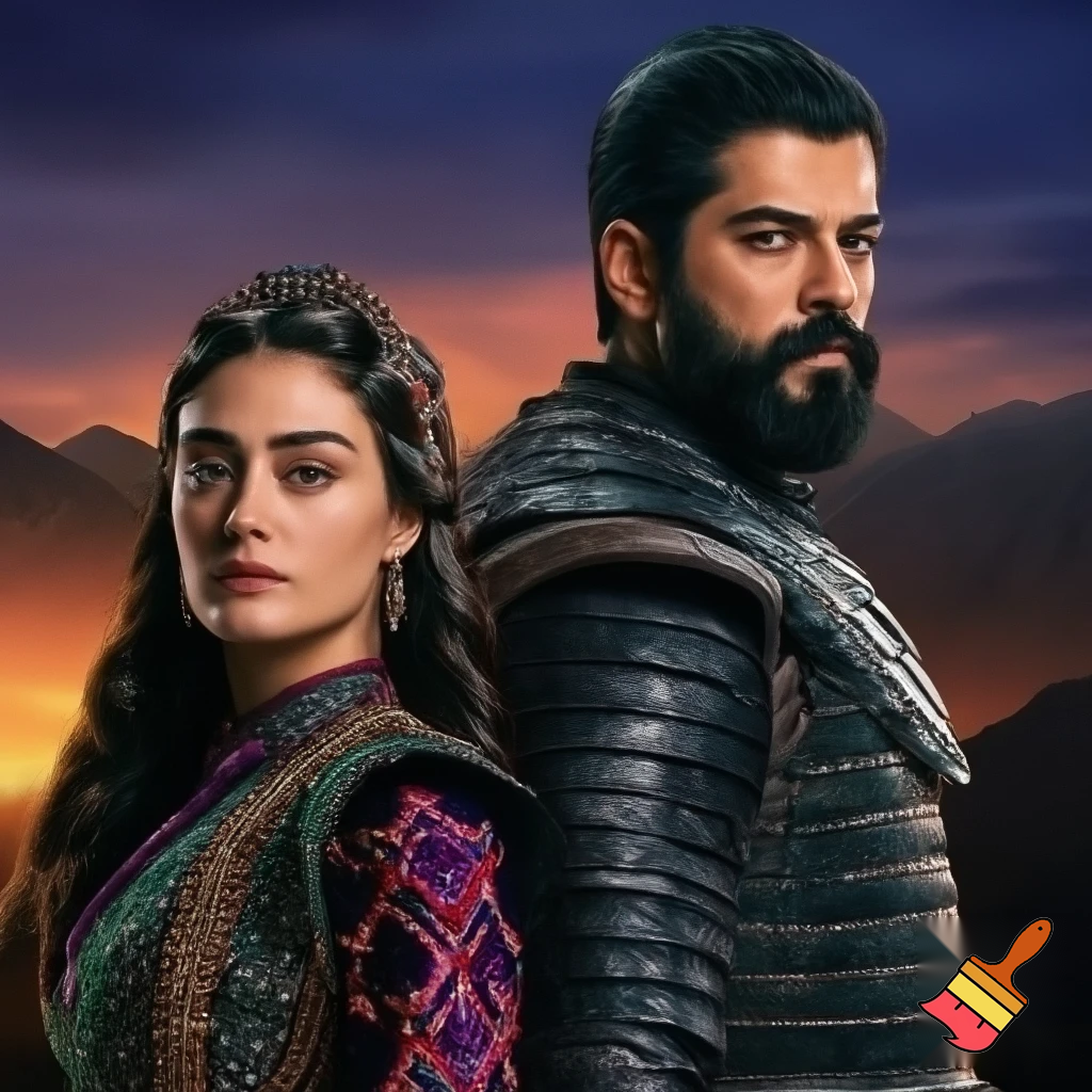 esra bilgic as halime hatun and burak ozcivit as osman bey
 standing together
