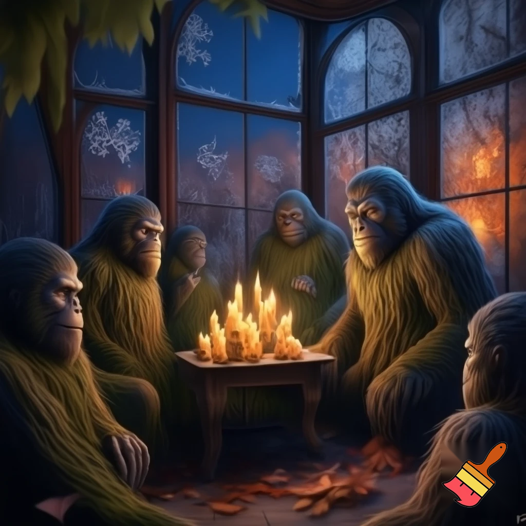 bunch of bigfoots jam session wintergarten autumn night candlelight reflection in the windows.