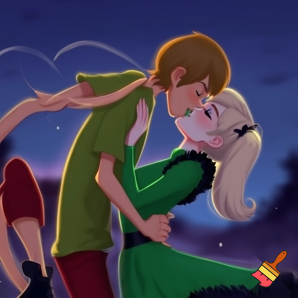 Shaggy rogers With green shirt and red pants and black shoes kissing Dusk from the hex girls blonde hair two pigtails wearing a green gothic dress and green lipstick 