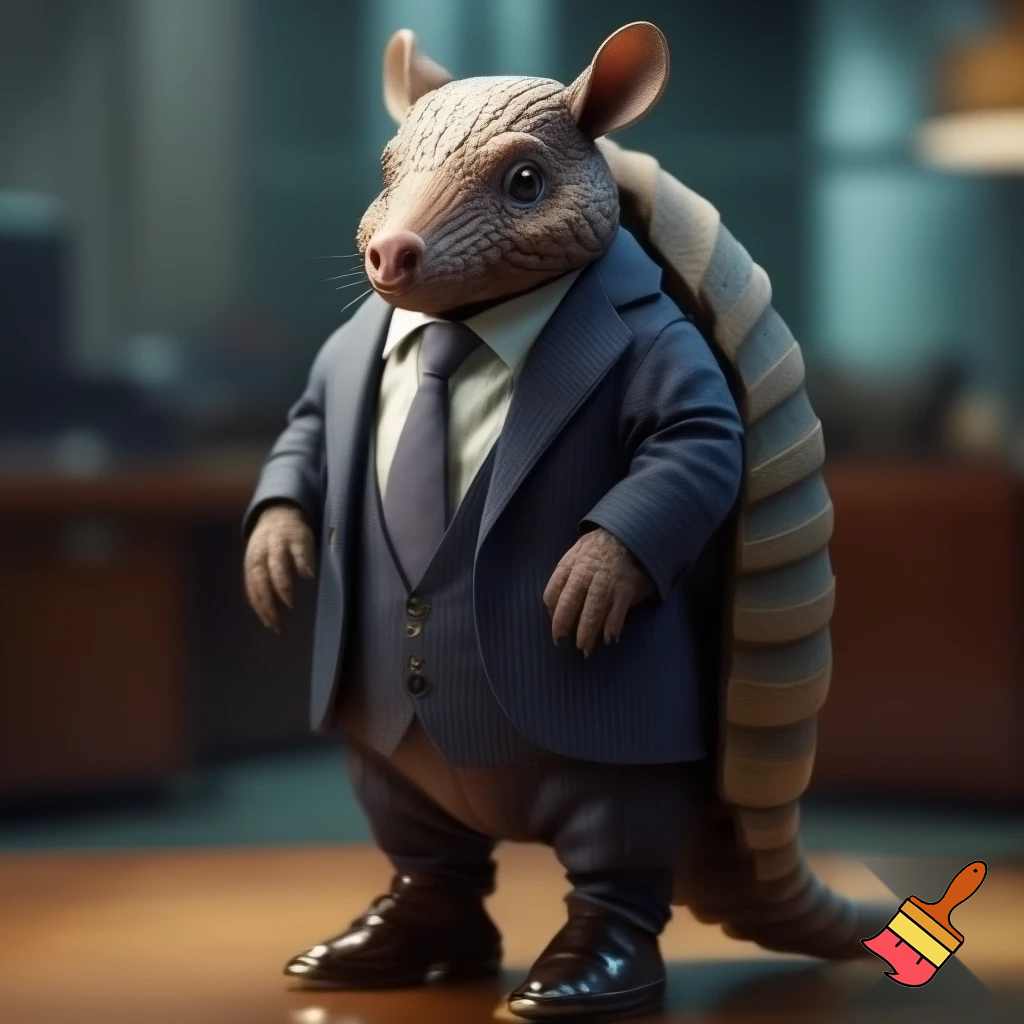 picture of an armadillo wearing a business suite and vombat boots