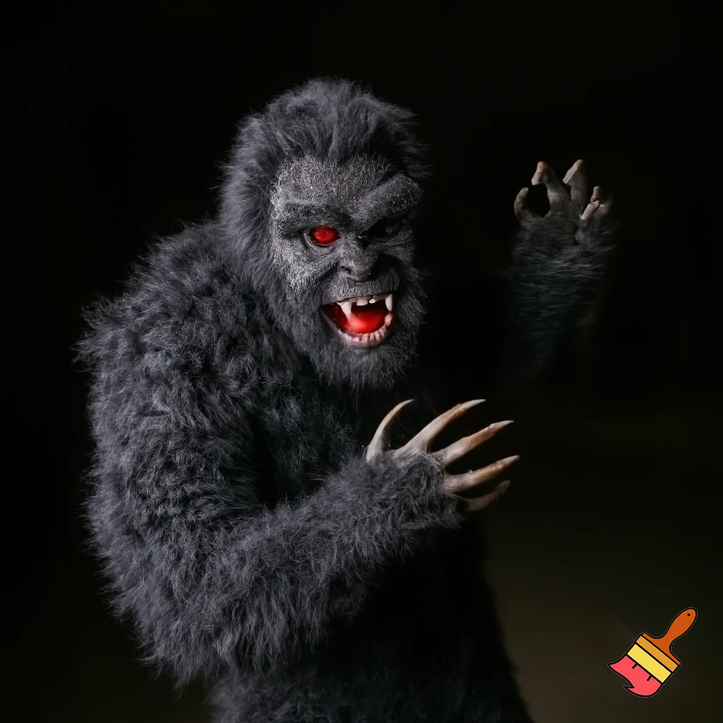 Yeti that kind of looks human is with red eyes, claws and fangs but looks kind 