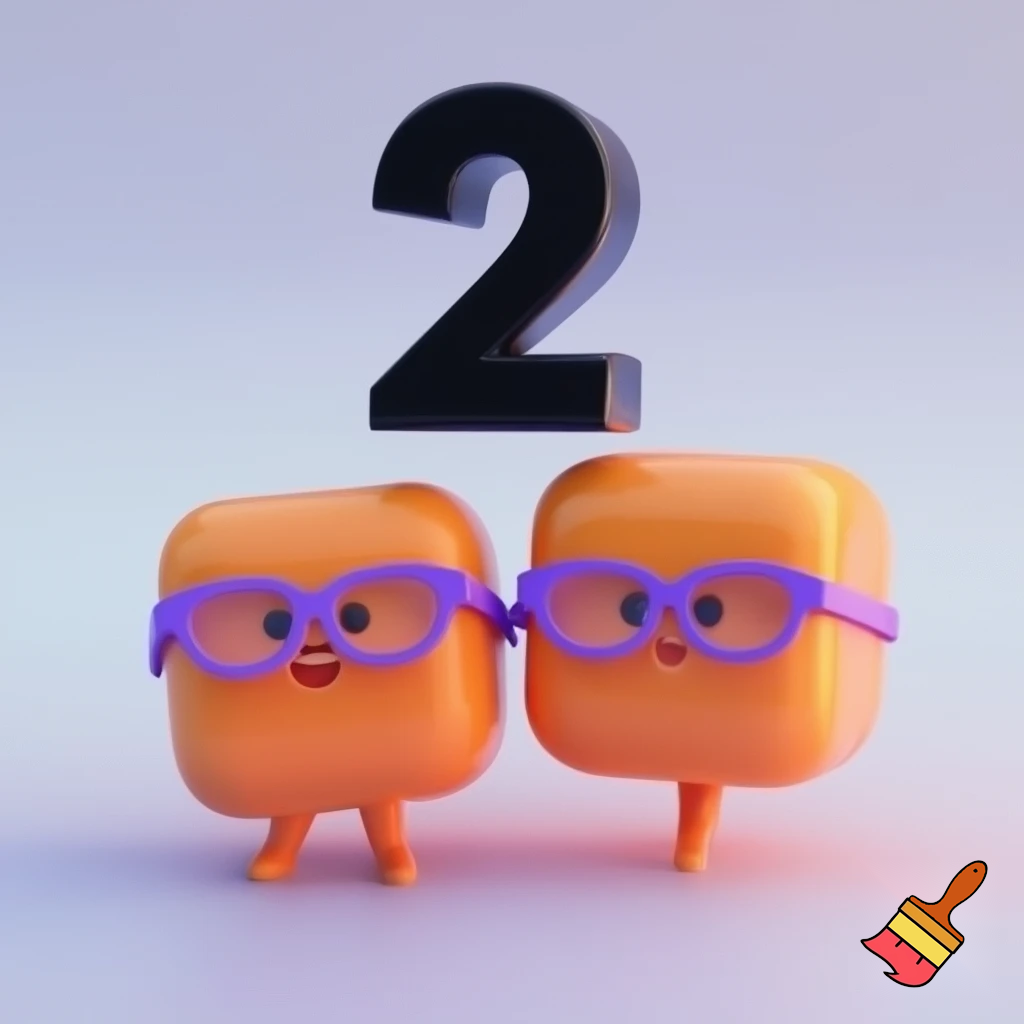 2 orange blocks with a face and a black number 2 above and wearing purple glasses