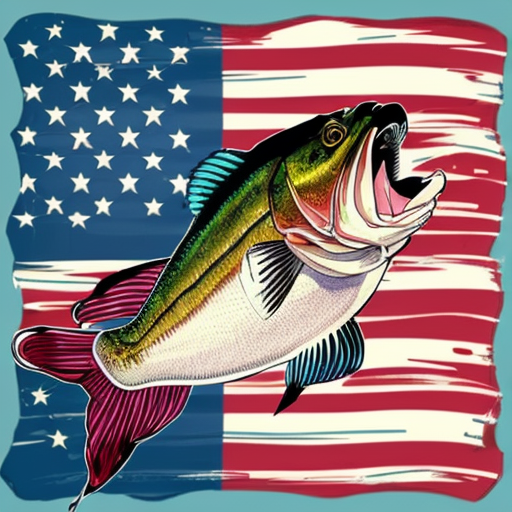 Make me a cool flag with a bass fish 
on it like the American flag but light blue and pink
