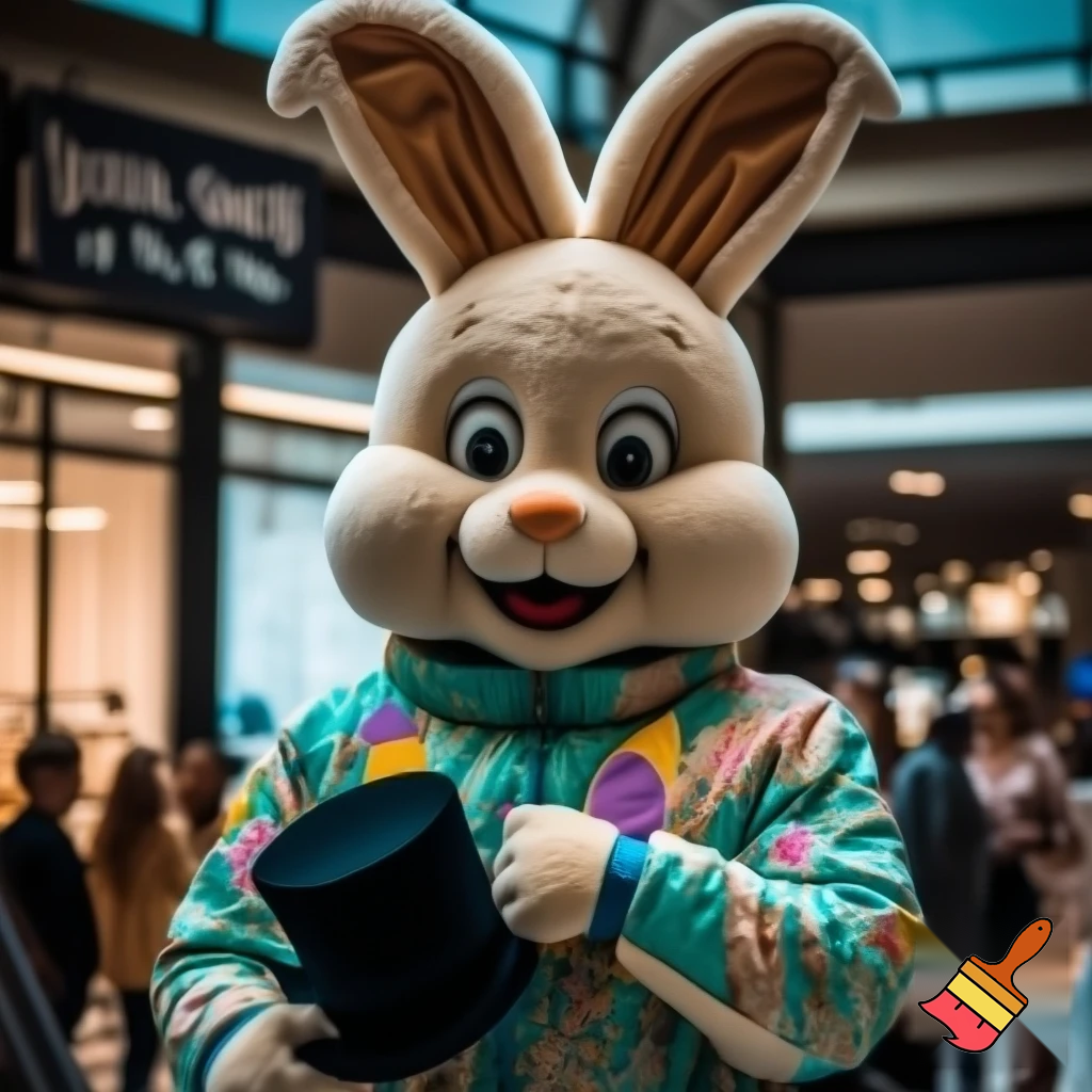 Easter bunny mascot costume top hat shopping Centre colourful jacket