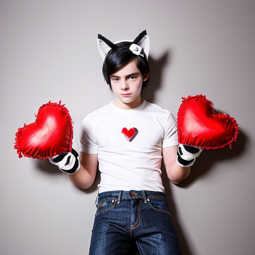 teenage boy with red eyes, black hair, white cat ears, a white shirt with a red love heart in the top right hand side, blue jeans, black gloves with one love heart per glove and a brown cat tail with a white stripe near the tip.