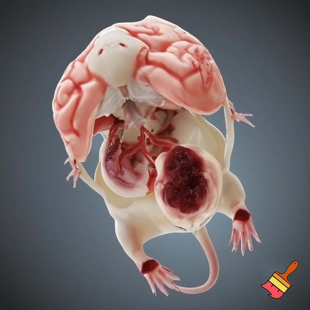 为我生成一张图片，图片中展示一个仰卧的小白鼠，在脑部、心脏、下腔静脉、后肢和肠系膜部位指示有血栓形成。