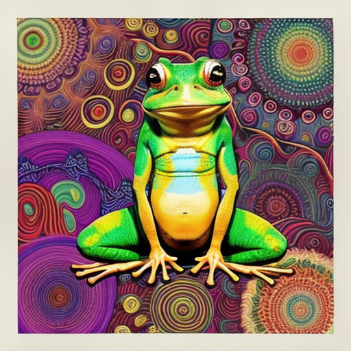 A hillarious, funny boho toad with some hippie colored coffee cups. Psychedelic decorated background.