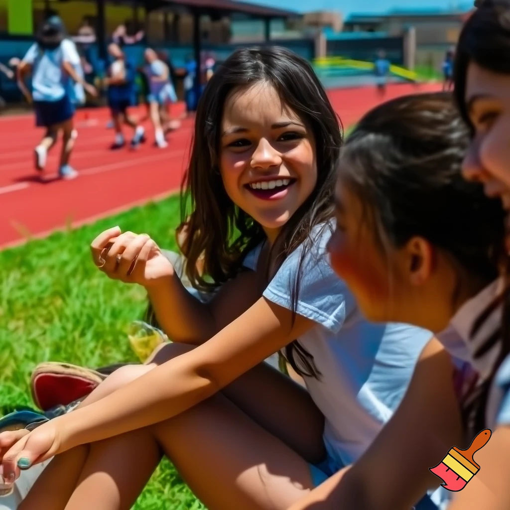 Jenna Ortega at a school sports day with friends eating lunch in the heat, next to a running track 