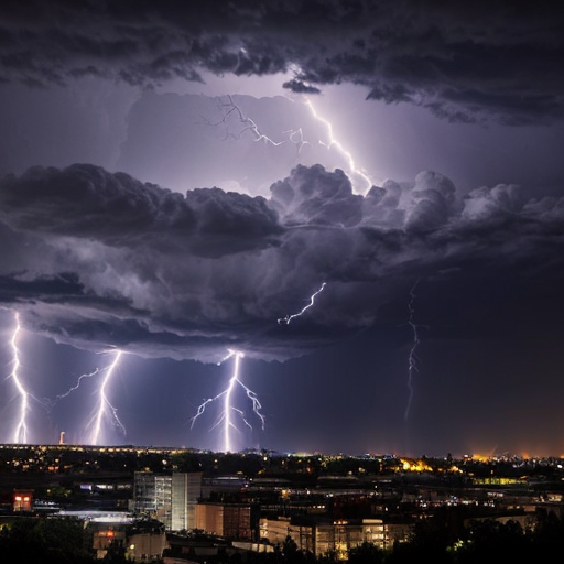 thunder and lightning striking on a city
