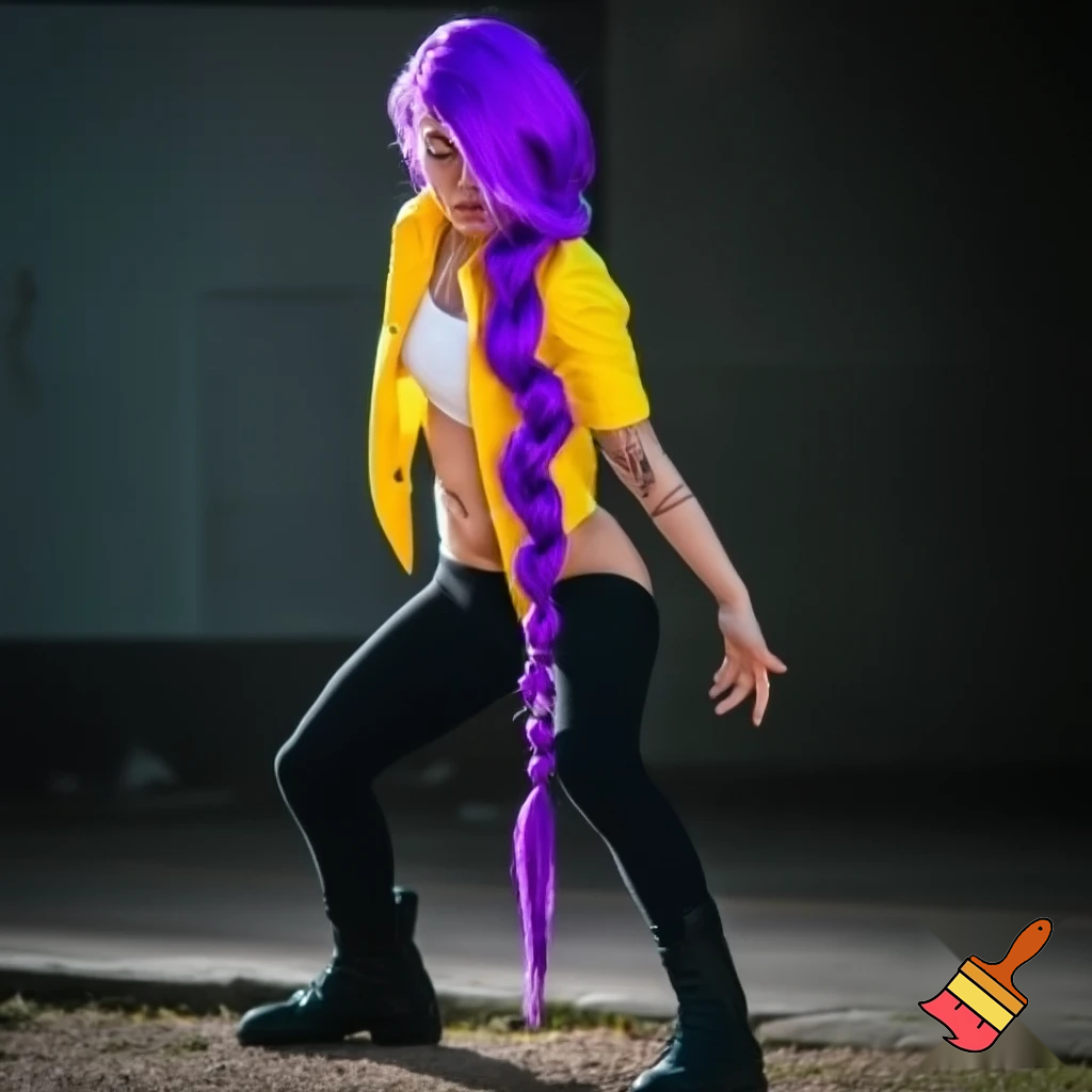 rumi, the main character in the animated film KPop Demon Hunters, is described as a slim and athletic young Korean woman in her early twenties. Her physical description in the film is highly stylized to reflect K-pop idol beauty standards, but the character design also emphasizes her strength and agility as a demon hunter. ties, reconciling her dual nature and the markings that appear on her skin. The hair is a vibrant, brilliant purple (often described as lavender or lilac in fan discussions). Unlike the demon patterns on her body which change color, the purple hair is a static feature that she has had since childhood, suggesting it is a natural result of her half-demon heritage rather than dye.
Style: Her hair is typically styled in a very long, high-swept braid that reaches down to her calves or even ankles. The specific braiding technique is most often a dragon braid or pull-through braid, which gives it a voluminous, segmented, and rope-like appearance that can whip around dramatically during fight scenes. with a yellow jacket and a white top and black pants  short and black boots