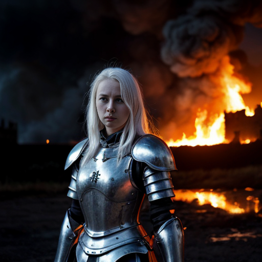 young white-haired woman in armor stands in front of a burning castle into which meteor are falling