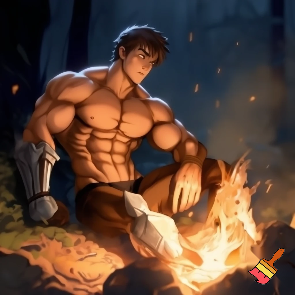 An Anime knight sitting next to a campfire with all of his cloths except his underwear off and he has abs and muscles
