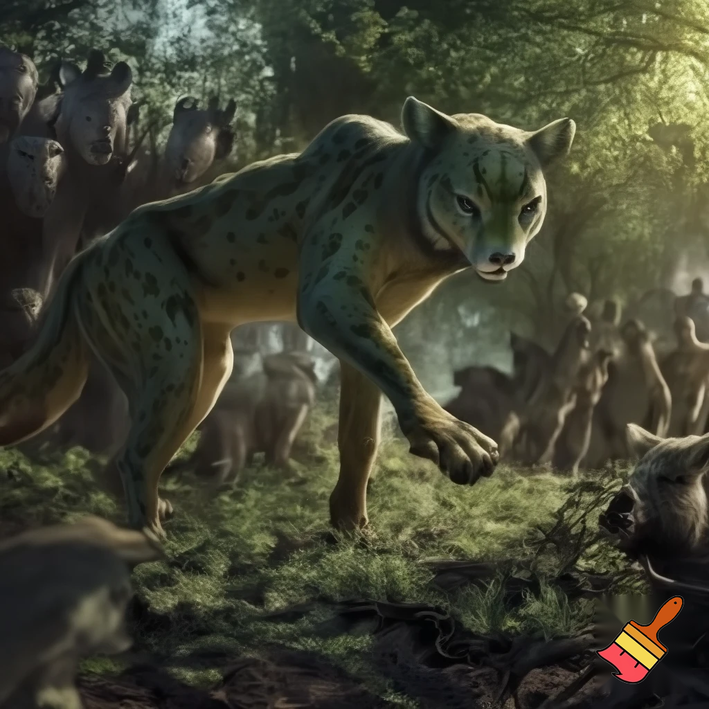 generate a picture that lives in a temperate forest it eats herd bound herbivores and its symbiotic relationship is mutualism but small animals eat it because they are in packs
 