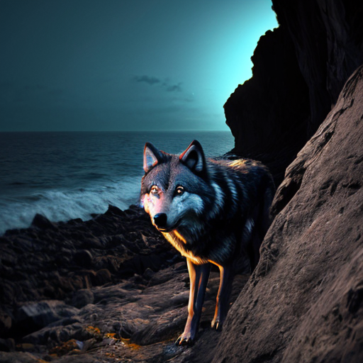 A wolf with glowing blue fur, glowing red eyes and gleaming fangs. The wolf is on the end of a rocky cliff with people coming towards him