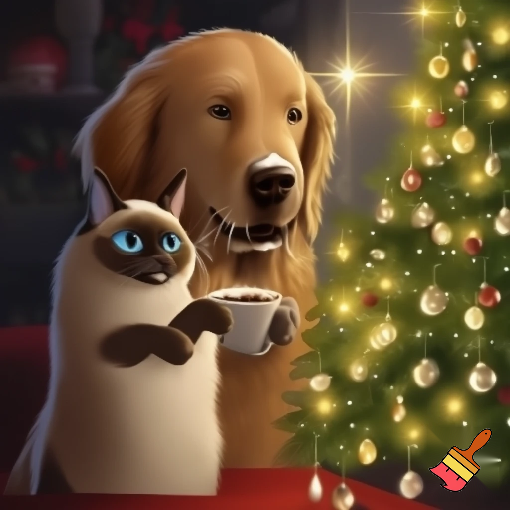 a dog and a cat thats holding a hot chochlate and they are standing beside a christas tree