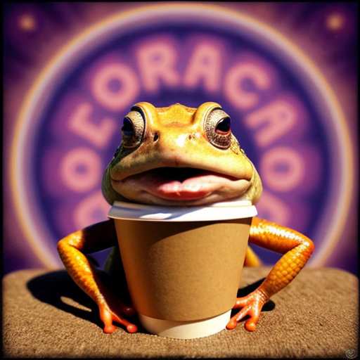 A hillarious, funny boho toad with some hippie colored coffee cups. Psychedelic decorated background.