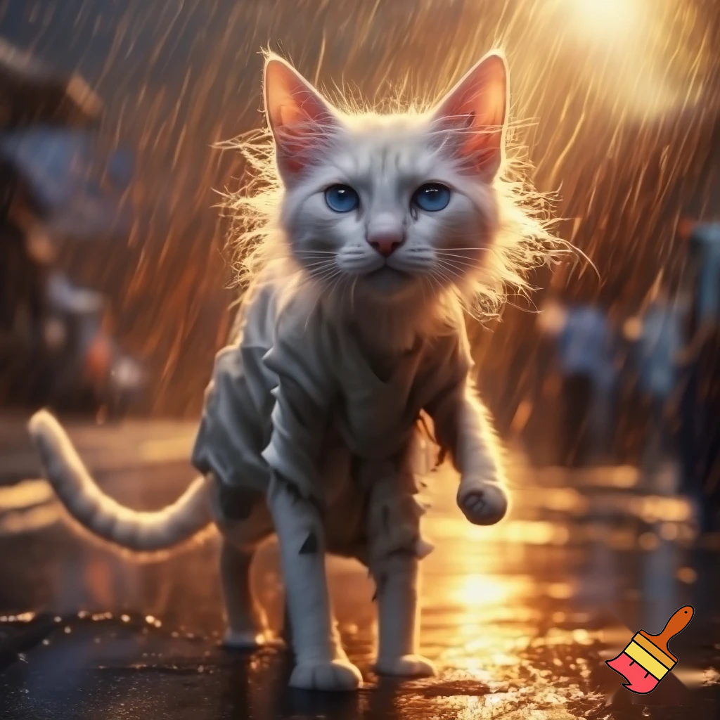 Beautiful 24-year-old white catgirl in torn dirty rags, **NOT pregnant**, slim waist, walking rainy Karachi street at golden hour, white cat ears drooping, long white tail dragging, icy blue eyes full of hope, bright sunlight beams, sparkling wet fur, emotional cinematic portrait, 8k

