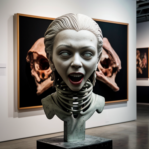 A high-resolution, detailed photograph capturing a complex, visceral biomechanical sculpture and human subject within a contemporary art gallery setting. The central figure is a large, elaborate sculpture constructed from exposed anatomical textures, deep red meat, bone, and intricate wiring, featuring multiple multi-jointed human heads and torsos with agape, screaming mouths, suspended and framed by white PVC piping and supports. The sculpture rests on a distressed white plinth with wheels. Standing next to it is a person wearing a light blue face mask, a black long-sleeved shirt, dark jeans, and grey sneakers. In the foreground, another sculpture covered in a white cloth is visible. The gallery walls are mint green, and a large, framed classical painting is on the wall behind the sculpture. The scene has even, diffused lighting that highlights every extreme detail and texture, making the gore and materials look palpably real."