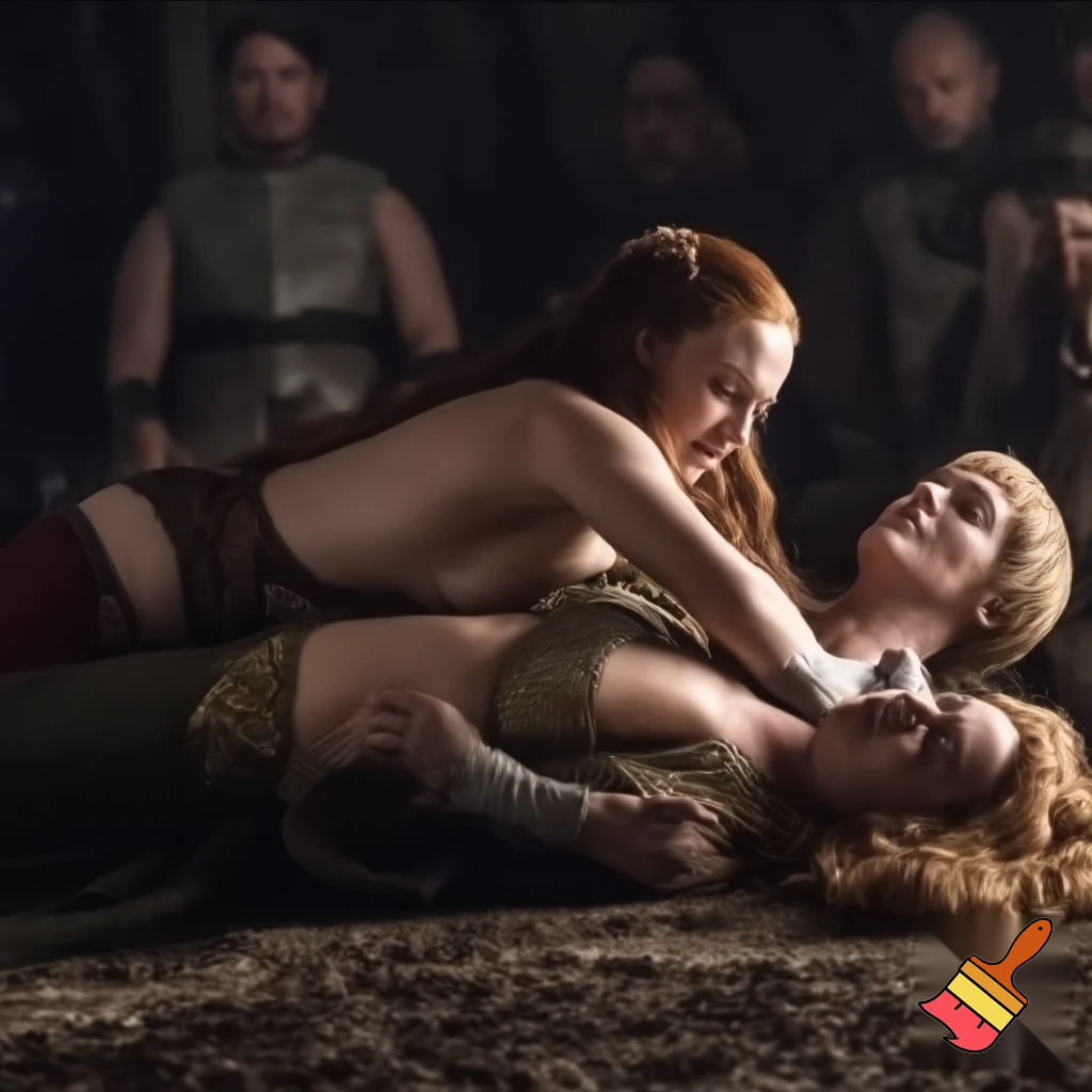 Sansa Stark and Cersei Lannister are fighting in a hut. Cersei Lannister is lying on top of Sansa , pinning her to the ground. Both are naked and wearing hands bandages