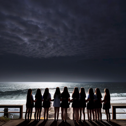 High school classroom yearbook group picture of people standing on the edge of the cliff to the ocean, at pitch black night heavy rainy night