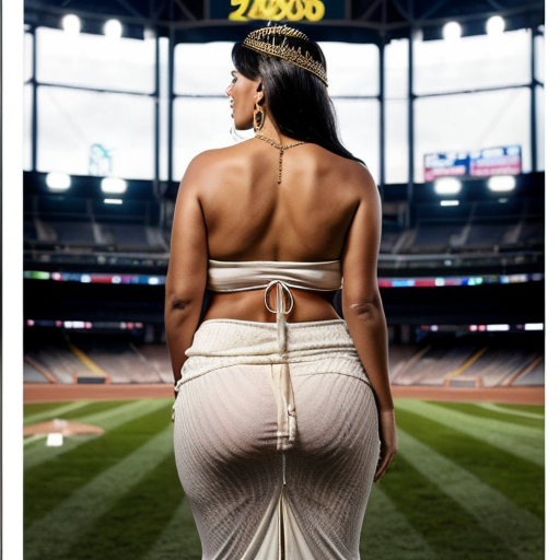 An erotic photograph of a full body rear view from behind, of a voluptuous plus size nude 50 year old pregnant Arab woman looking over her shoulder, with dark tanned skin, very long straight black hair, a gold tiara, waist chain, and earings, standing on the field, and leaning against the seats of a baseball stadium during a game. The woman has extreme unrealistic body proportions, with unrealistically large buttocks, hips, and breasts. She drops her white draped flowing dress down to her ankles to reveal her entire nude body with a focus on the woman's buttocks. The woman's face shows a mixture of happiness, pleasure, and exhaustion. A crowd of boys and girls cheer her on.