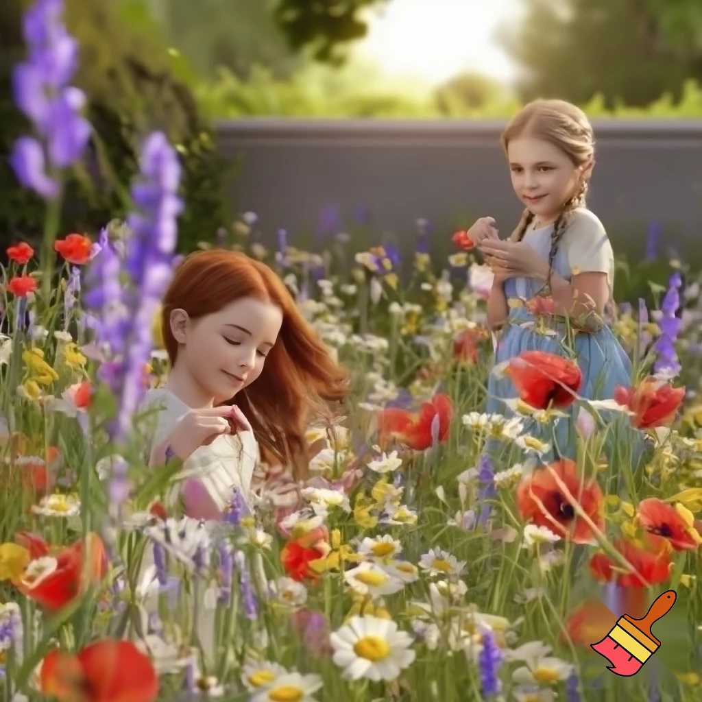 generate plants outside of a garden and also realistic girls next to the flowers