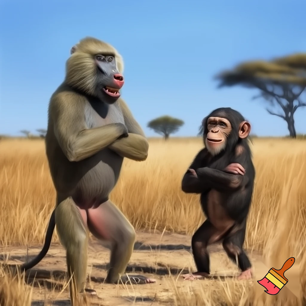 A baboon smiling and standing on his two legs with his arms crossed and looking at a chimpanzee that is standing on his two legs with his arms crossed and smiling
