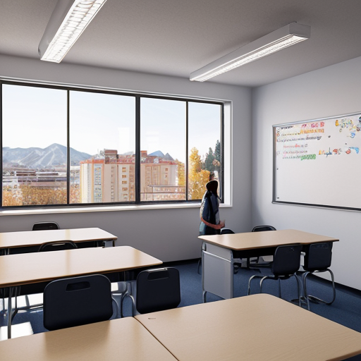 A modern educational scene inside Almaty State Business College (AGBK), Kazakhstan. A young enthusiastic teacher entering a bright classroom filled with motivated students. The classroom is clean, modern, and realistic with computers, desks, and educational posters. The atmosphere is warm, inspiring, and professional. The college building exterior is visible through large windows, showing a modern architecture style in Almaty city. Cinematic lighting, ultra realistic, 3D animation style, Pixar-like quality, high detail, soft shadows, depth of field, emotional storytelling, 4K resolution.