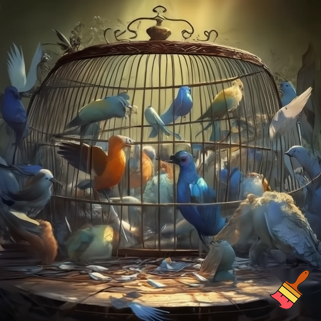 pile Of birds in one big cage