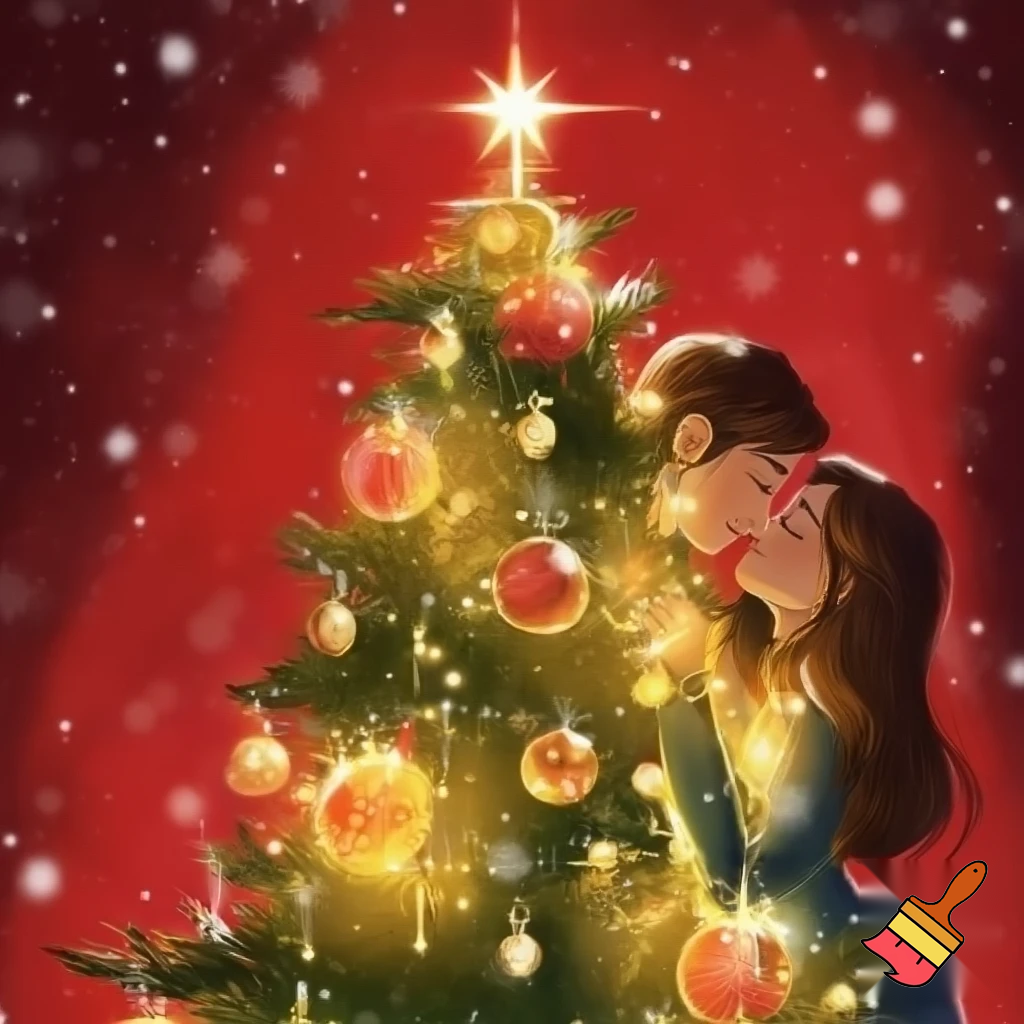 Een liefdespaar rode achtergrond kerstboom