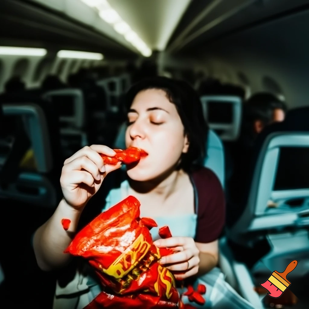 woman in a plane eats alot of hot cheetos she turned fat the inpoley came  in and she eat all her snacks