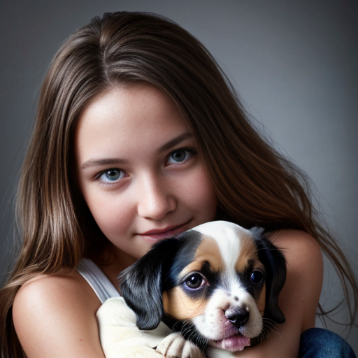 a girl with light brown long hair and blue eyes with an adourable puppy in her hand