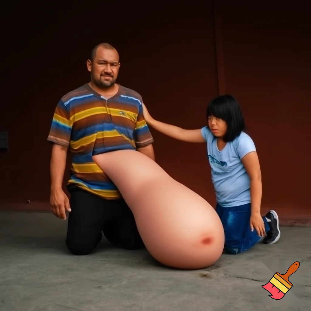 A man with GIGANTIC balls and very realistic penis with spit all over it, girl kneeling next to him moaning