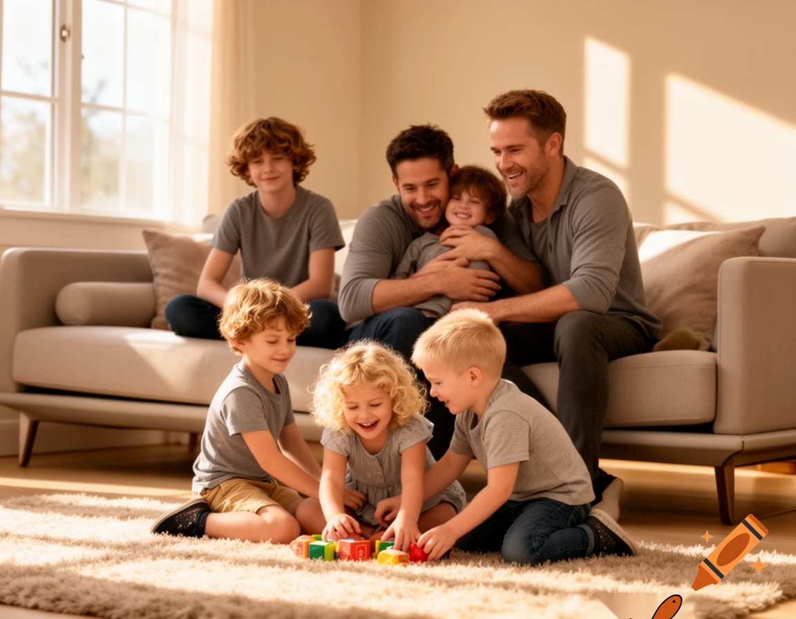 generate me a picture of 3 kids with their 2 dads, make the kids 2 and 3, make one a girl and one a boy, and make the 3rd a 14-year-old boy, make the 1st dad a dark brown hair and white man and make the other one Ryan Reynolds.