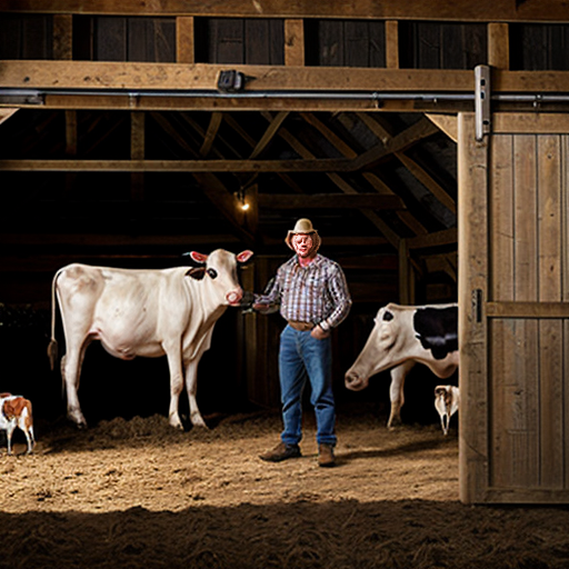farmer with a barn and cow in the barn