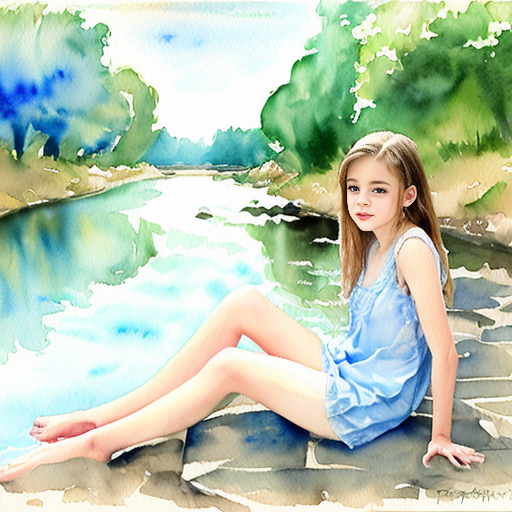 cute teen girl, skin at river, camelt, watercolor painting, seethrou, layin, opening, pim, show