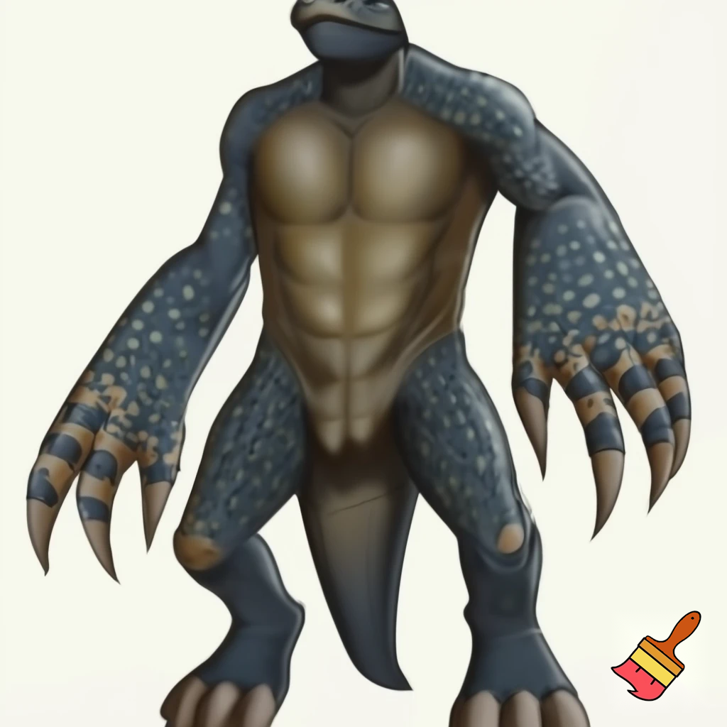 A tall humanoid leatherback turtle with webbed fingers 
