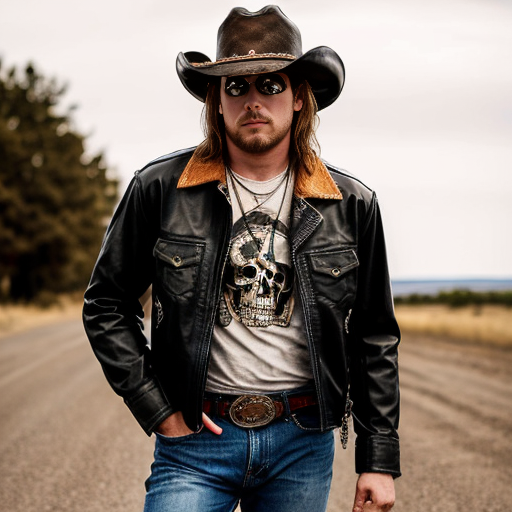 Show me a picture of a country punk cowboy wearing a black cowboy hat a black leather jacket and a red plaid flannel under the leather jacket with ripped blue jeans and a black skull shirt and tan cowboy boots and a tan leather belt and regular eye glasses