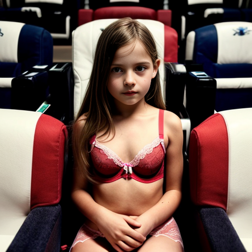 Genera la imagen de 10 niñas rubias de 10 años vestidas con lenceria roja y negra y rosa y blanca ajustada, sentadas cada una acompañada de su padre en una sala de cine