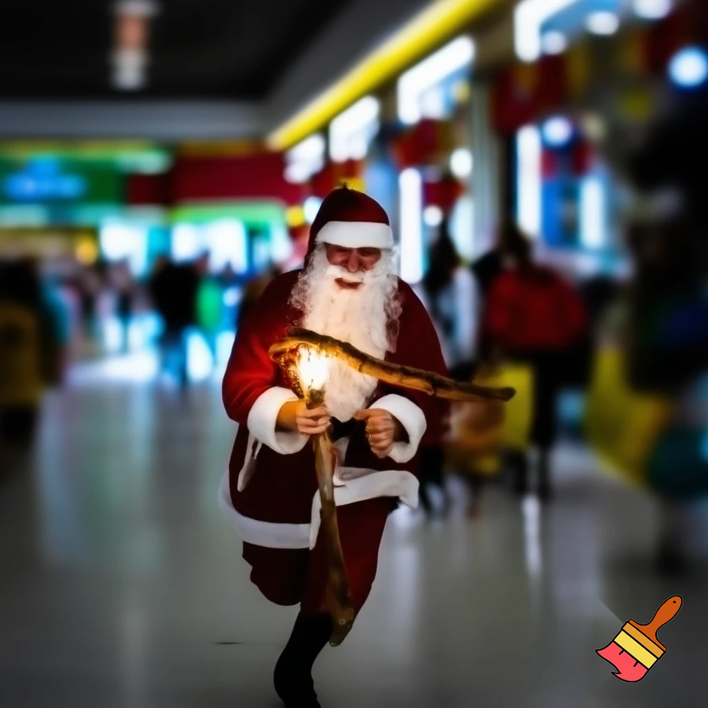 Santa Claus running with the walking stick running with his magic walking stick walking in the shopping centre