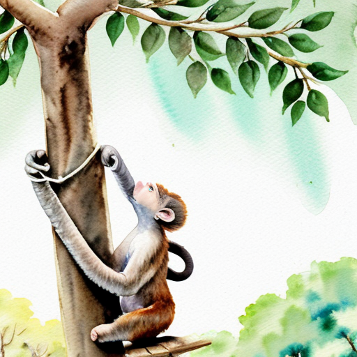“Small monkey stuck on a tree branch, baby elephant looking up, watercolor children’s book style”