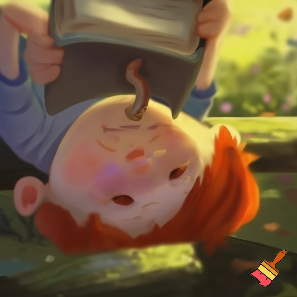 red head 11 year old boy eating worms while reading a book upsidedown