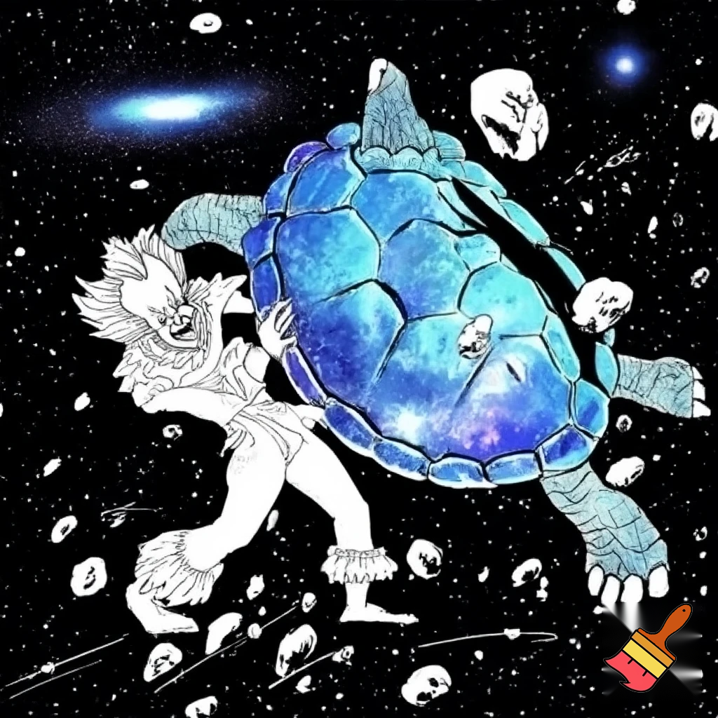 A coloring page of pennywise from IT fighting the giant turtle in space.