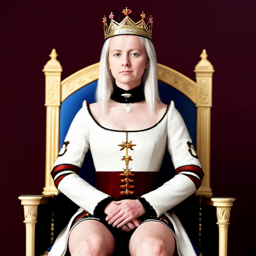 Tall, white-haired Queen of Poland in armor sitting on a throne