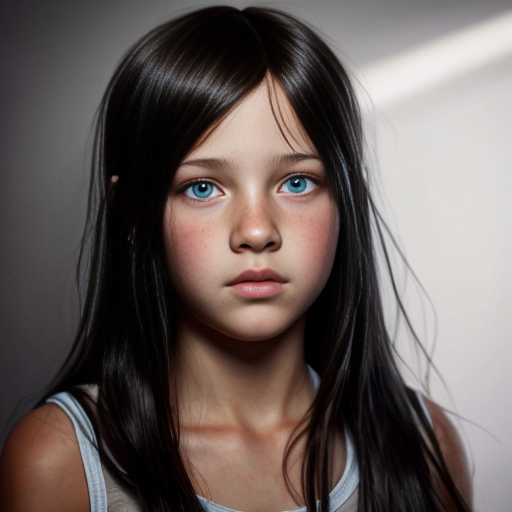 13 year old Canadian tomboy girl with long light black hair and amber eyes