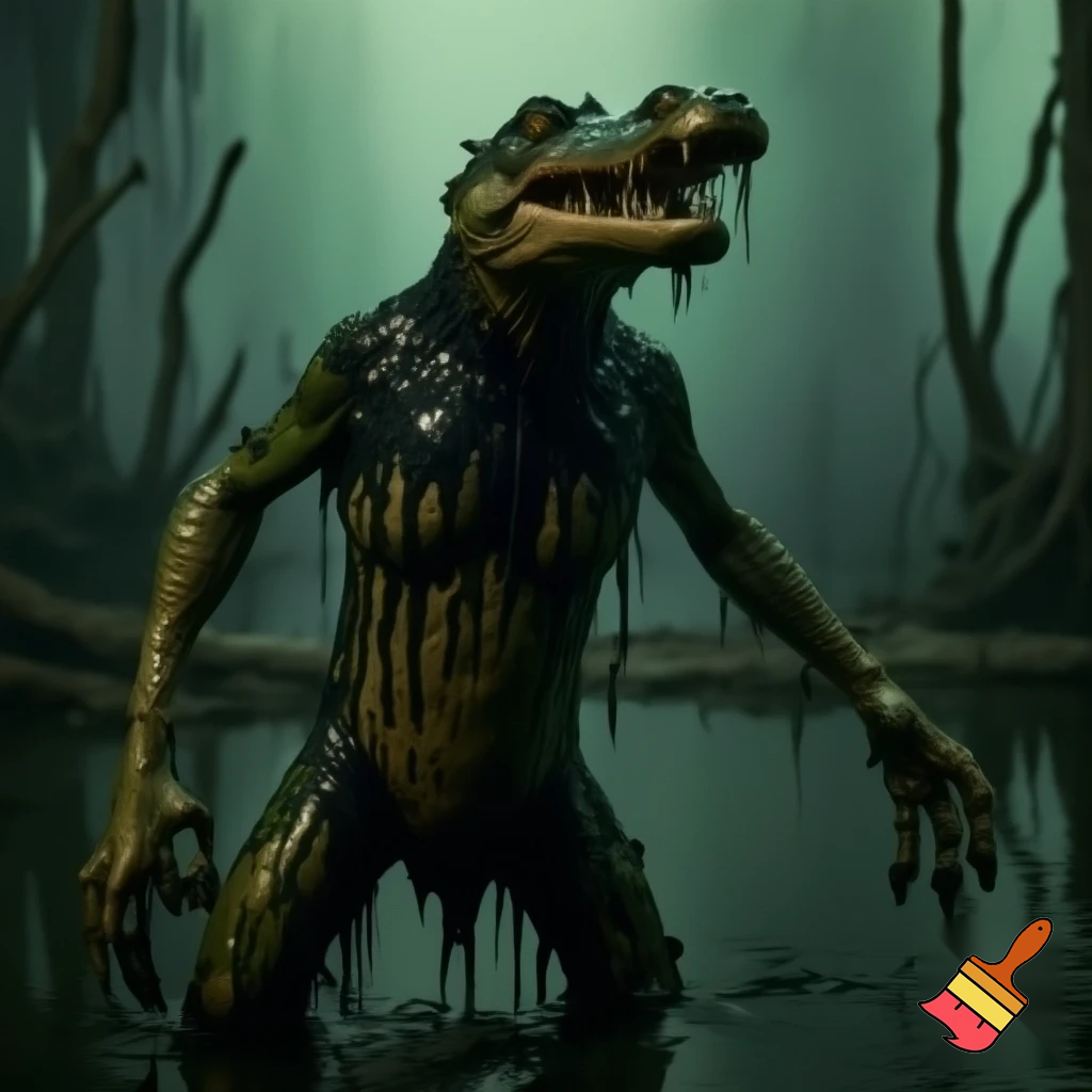 A grotesque, rotting, anthromorphic crocodile creature standing upright, its body covered in black goo, melting, and dripping like sludge, exposing its bones. The skin is swampy green, black, and sickly brown, with patches of rot and ooze and entirely made out of gunk. Eyes bulging in horror, jaw hanging loosely, teeth crooked and partially dissolved and has a deformed smile. The creature’s limbs stretch out as goo drips from its claws exposing its skeletal fingers. It's appearance, also zombie-like and deformed. Surround it with an eerie, fog-filled swamp: twisted dead trees, murky water, dim green-gray light, and a haunting atmosphere. Highly detailed, creepy, and surreal. 