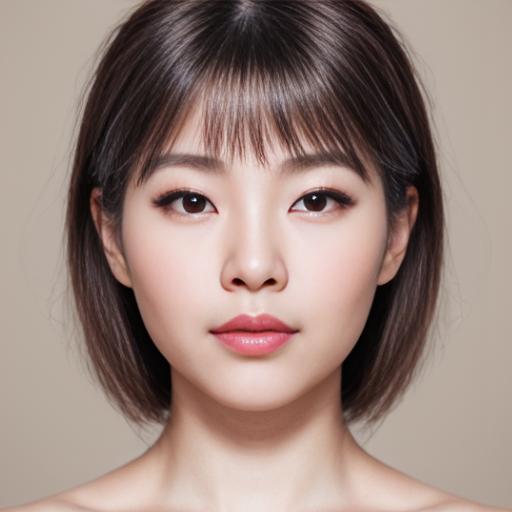 年轻东亚女性肖像，鹅蛋脸配柔和下颌线，小巧尖下巴带浅美人沟，饱满苹果肌，大而圆的杏眼，明显开扇型双眼皮，扇形浓密上睫毛8-10毫米，下睫毛稀疏，尖锐内眼角微钩，外眼角上扬5-10度，暖琥珀棕色瞳孔带明显高光，突出月牙形卧蚕，自然弧形平直眉，深棕黑色发色，鼻梁挺直微驼峰，水滴形鼻头软组织丰厚，鼻唇角90度，饱满嘴唇明显唇峰，上下唇比例2比3，自然粉色渐变唇色，嘴角自然或微下垂，零毛孔瓷肌，冷调一白肤色，太阳穴隐约可见血管，黑色长直发配空气感薄刘海，鬓角修饰下颌线，面部肌肉完全放松，失焦梦幻眼神，清纯疏离交织表情，45度角柔和摄影棚打光，浅景深，85毫米镜头人像摄影，超写实，8K画质，皮肤纹理细节
